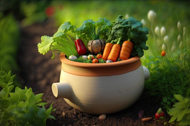 Mała doniczka z ogrodem warzywnym rosnącym na polu z ogrodami warzywnymi utworzonymi za pomocą generatywnej sztucznej inteligencji