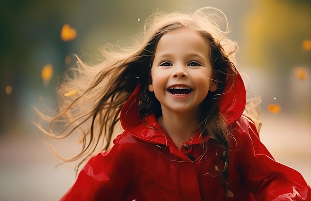 Mała dziewczyna biegająca w czerwonym płaszczu przeciwdeszczowym rozpływającym się wodą