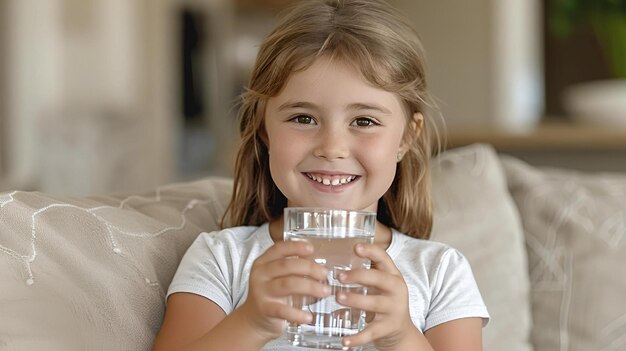 Mała dziewczyna trzymająca szklankę wody patrząca na kamerę i uśmiechająca się siedząca na kanapie w salonie