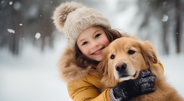 Mała dziewczyna uściska złotego retrievera podczas spaceru po zimnej przyrodzie