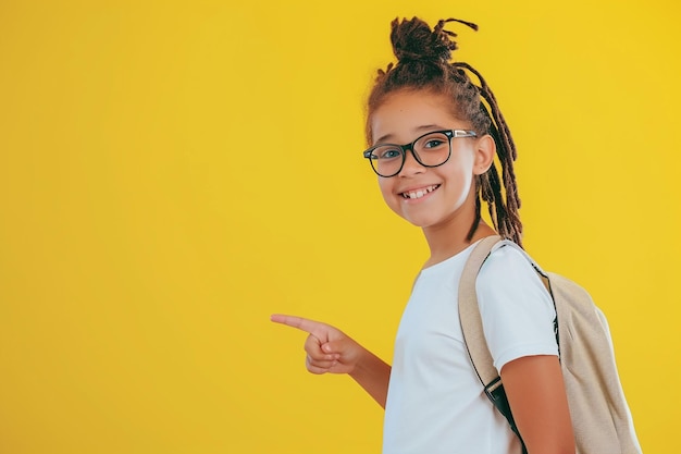 Mała dziewczyna uśmiecha się patrząc na kamerę biała koszulka dreadlocks okulary uczeń