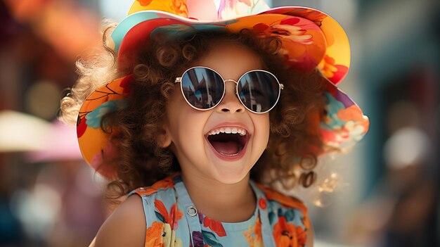 Zdjęcie mała dziewczyna w kapeluszu i okularach przeciwsłonecznych z dużym uśmiechem