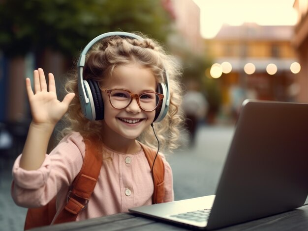 Mała dziewczyna w okularach, nosząca słuchawki, uśmiechająca się, machająca przed laptopem.
