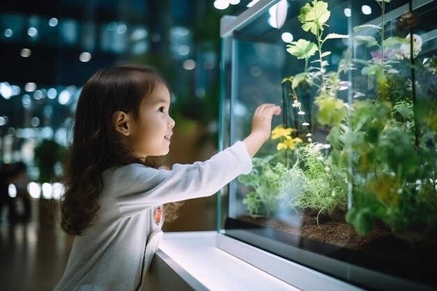 Zdjęcie mała dziewczyna z długimi włosami z zainteresowaniem patrzy na małe sadzonki roślin rosnące w szkle sztuczny ekosystem światła dziennego