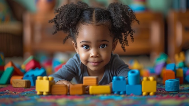 Mała dziewczynka bawiąca się drewnianymi blokami