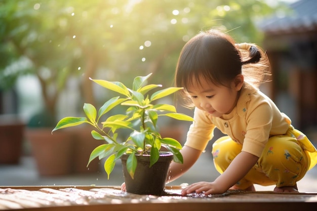mała dziewczynka bawiąca się rośliną doniczkową