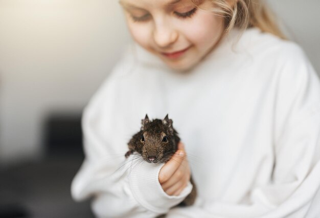 Mała dziewczynka bawiąca się z małą wiewiórką degu