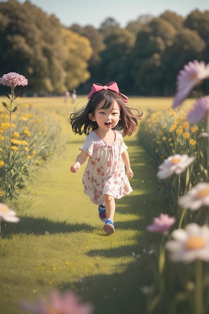 Mała dziewczynka biegnie przez pole kwiatów.