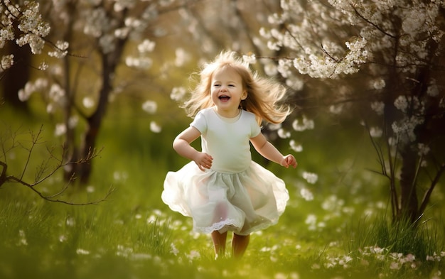 Mała dziewczynka biegnie przez pole kwiatów.