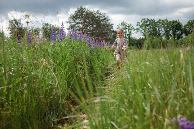 Mała dziewczynka biegnie wśród fioletowych łubinów w kwitnącym polu zdrowie natura lato szczęśliwe dzieciństwo