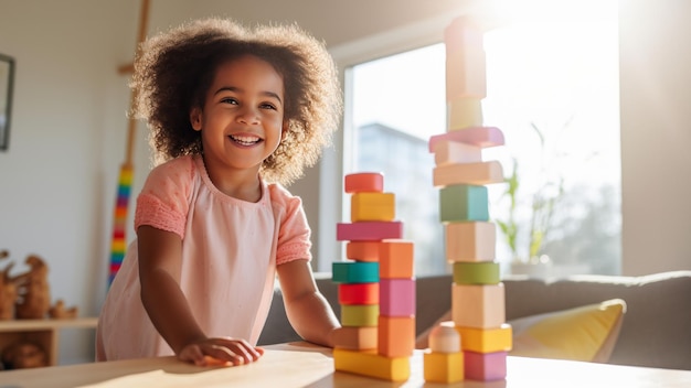 Mała dziewczynka buduje wieże z kolorowych drewnianych bloków