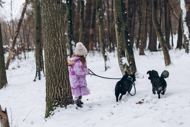 Zdjęcie mała dziewczynka chodzi sama z dwoma psami w parku miejskim w zimowym lesie