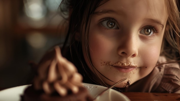 Zdjęcie mała dziewczynka cieszy się ciastem czekoladowym widelcem