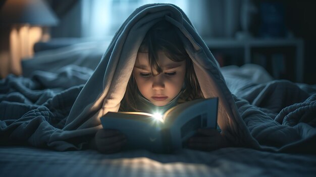 Mała dziewczynka czyta książkę pod kocem z latarką