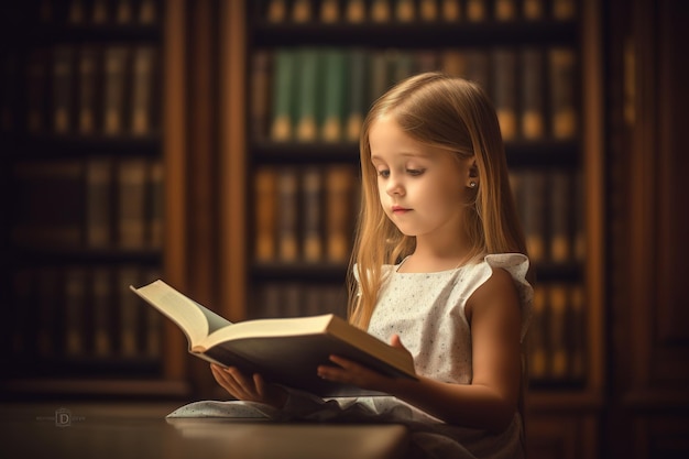 Mała dziewczynka czyta książkę w bibliotece