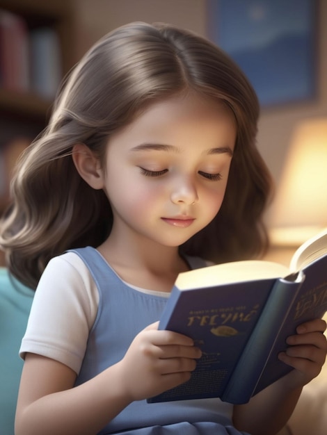 Mała dziewczynka czyta książkę z tytułem na okładce.