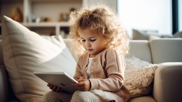 Mała dziewczynka gra na tablecie na kanapie w domu Koncepcja dzieci i urządzeń elektronicznych