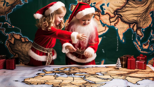 Zdjęcie mała dziewczynka i chłopiec w ubraniach świętego mikołaja na tle mapy