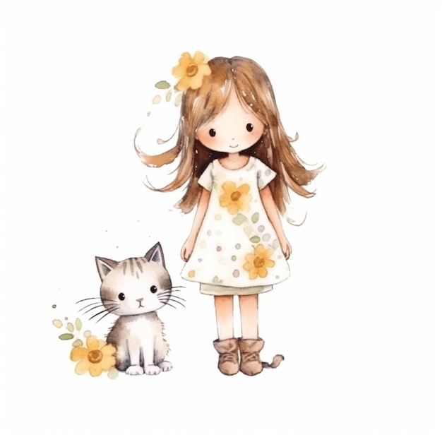 Mała dziewczynka i kot stoją obok siebie.