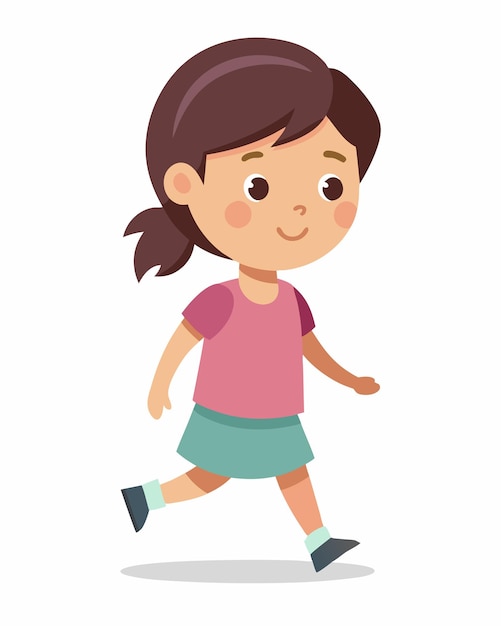 Mała dziewczynka idąca z wesołym wyrazem twarzy, ilustracja clip art na białym tle