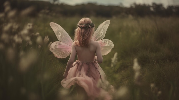 Mała dziewczynka idzie przez pole kwiatów z rozpostartymi skrzydłami.