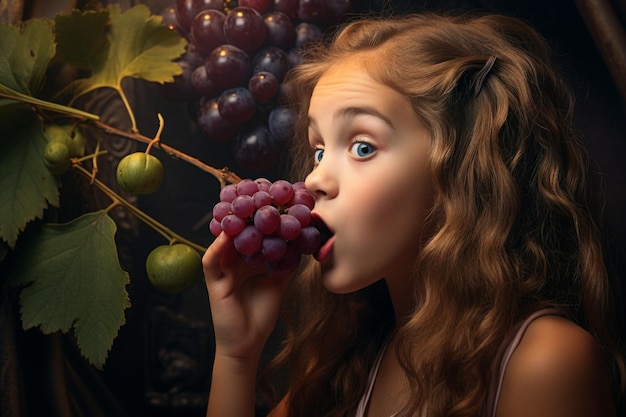 Zdjęcie mała dziewczynka jedząca winogrona w pobliżu ściany