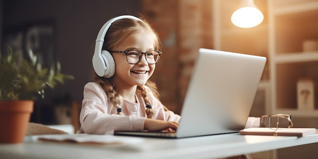Mała dziewczynka korzysta z czatu wideo na laptopie, aby rozmawiać i studiować, siedząc w domu przy biurku