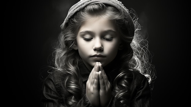 Zdjęcie mała dziewczynka modli się w ciemności