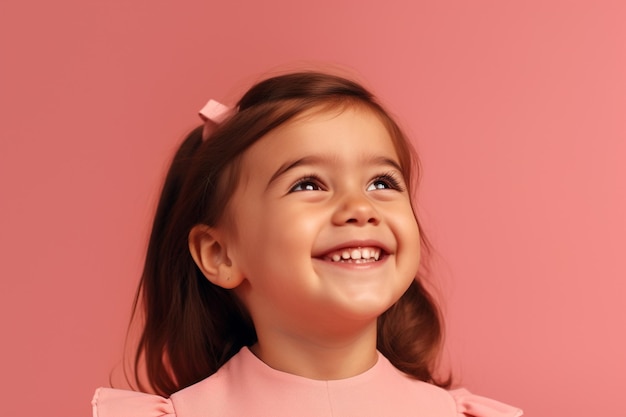 Mała dziewczynka na różowym tle z uśmiechem Obraz generatywny AI