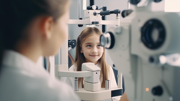 Mała dziewczynka na wizycie u okulisty Dziecko jest badane za pomocą sprzętu optometrycznego