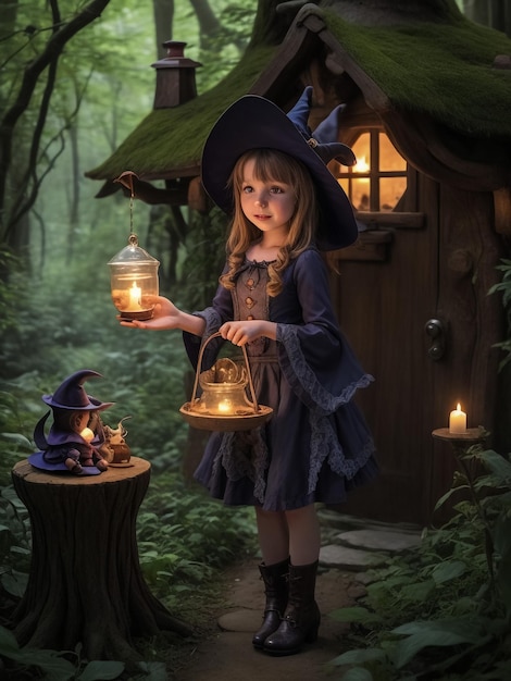 Mała dziewczynka nocą Bajeczny dom Dziewczyna trzyma starą latarnię i zabawkowego misia Stoisko dla dzieci