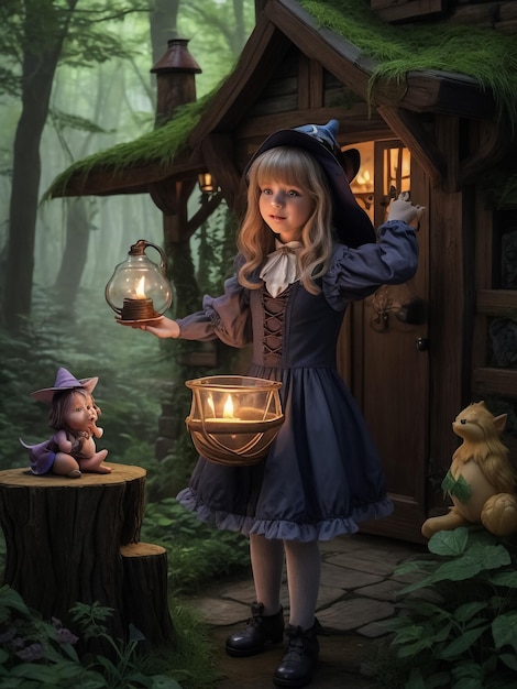 Mała dziewczynka nocą Bajeczny dom Dziewczyna trzyma starą latarnię i zabawkowego misia Stoisko dla dzieci