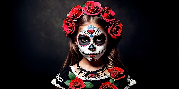 Mała dziewczynka nosząca makijaż i kwiaty na głowie na czarnym tle