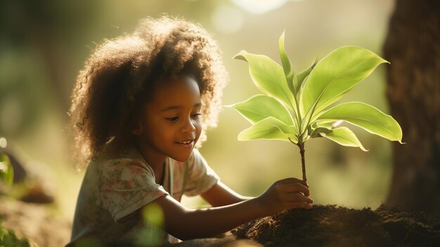 Zdjęcie mała dziewczynka ostrożnie sadzi drzewko w ogrodzie słonecznym, tworząc serdeczną scenę.