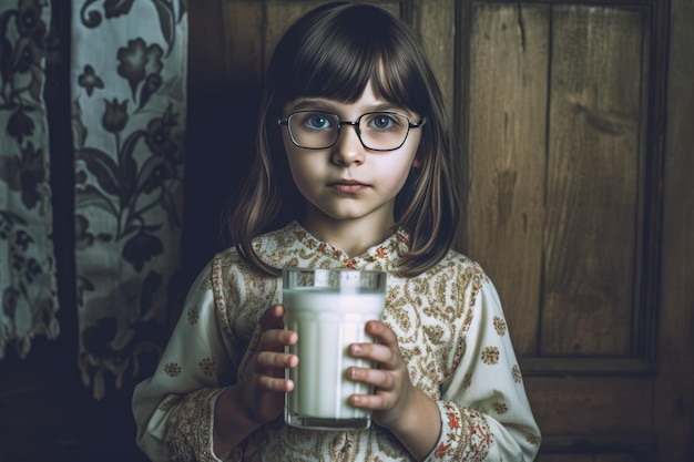 Mała dziewczynka pijąca mleko ze szklanki