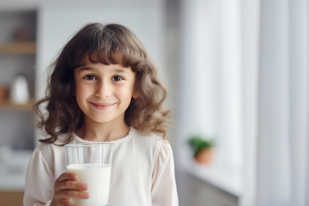 Mała dziewczynka pije szklankę mleka w kuchni