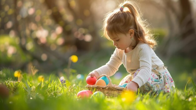 Mała dziewczynka polująca na jajka w ogrodzie wiosennym w dzień Wielkanocy Tradycyjny festiwal Wielkanocny na świeżym powietrzu