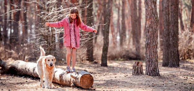 Mała dziewczynka preteen spaceruje po suchej kłodzie z uroczym psem golden retriever w wiosennym lesie