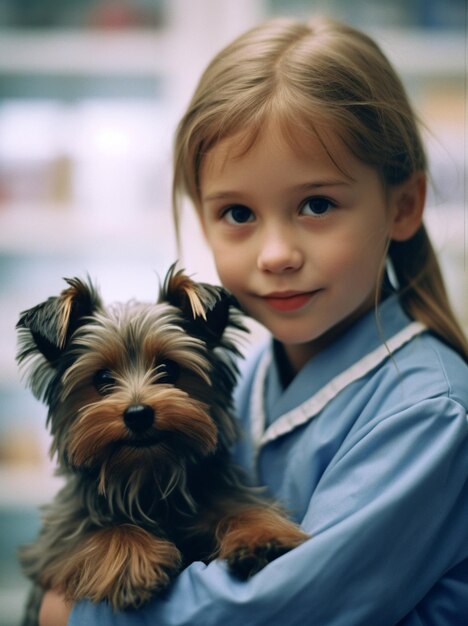 Mała dziewczynka przytula psa Yorkshire Terrier w klinice weterynaryjnej