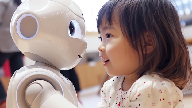 Mała dziewczynka rozmawia z robotem Robot jest biały i ma okrągłą głowę z ekranem zamiast twarzy Dziewczyna uśmiecha się i patrzy na robota