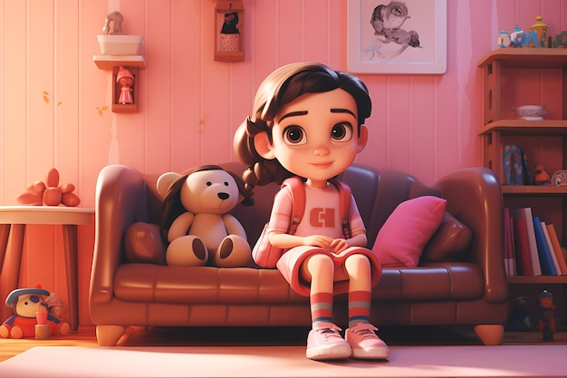 Mała dziewczynka siedząca na kanapie w różowym pokoju z zabawkami.