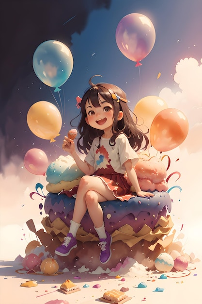 Mała dziewczynka siedząca na olbrzymim ciastku z lodem z balonami ilustracja okładki książki tła