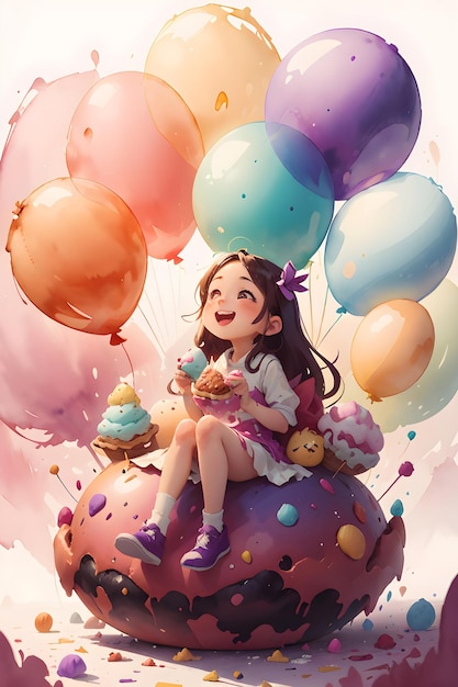 Mała dziewczynka siedząca na olbrzymim ciastku z lodem z balonami ilustracja okładki książki tła
