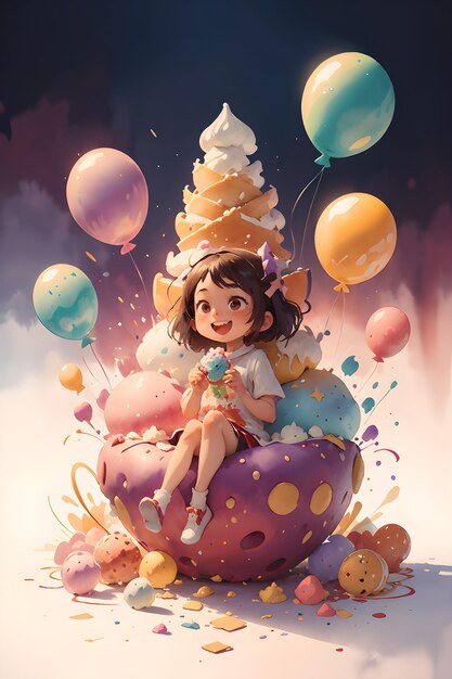 Zdjęcie mała dziewczynka siedząca na olbrzymim ciastku z lodem z balonami ilustracja okładki książki tła