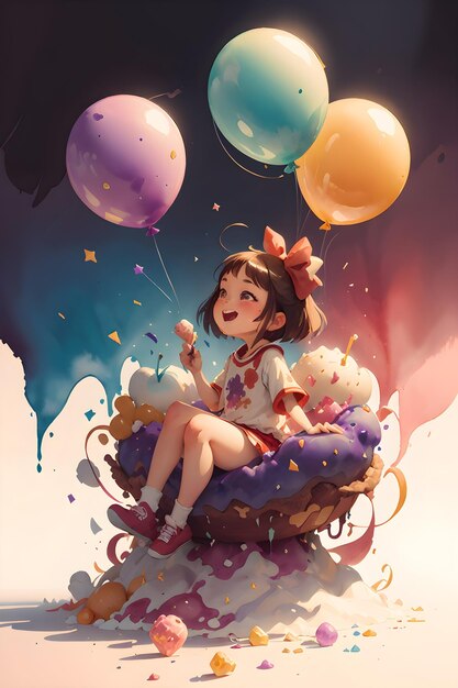 Zdjęcie mała dziewczynka siedzi na gigantycznym lodach z balonami, ilustracja na okładce książki