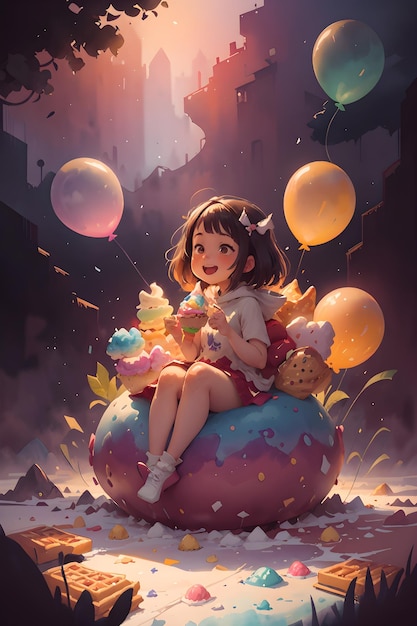 Mała dziewczynka siedzi na gigantycznym lodach z balonami, ilustracja na okładce książki