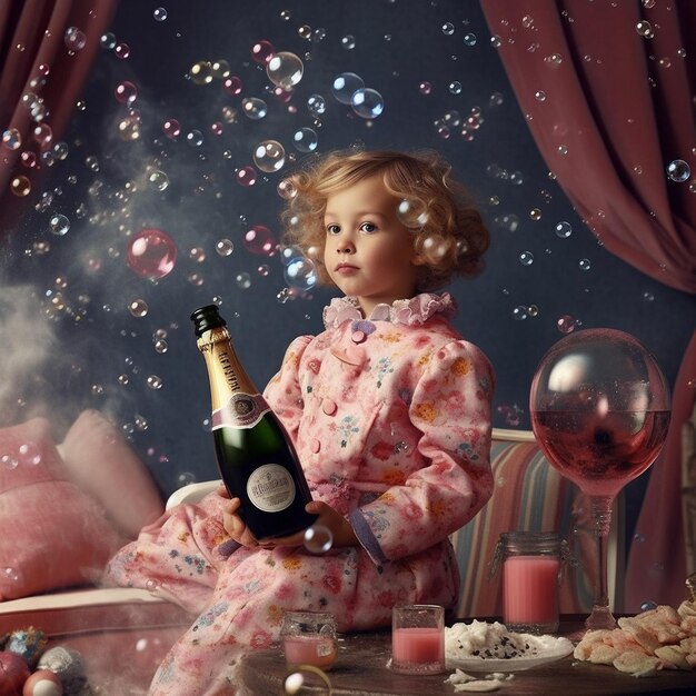mała dziewczynka siedzi przed butelką szampana.