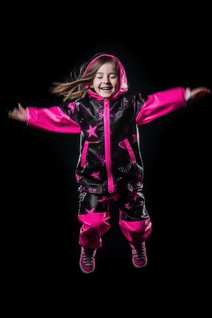 Mała dziewczynka skacze na czarnym tle w różowym płaszczu przeciwdeszczowym Generative AI