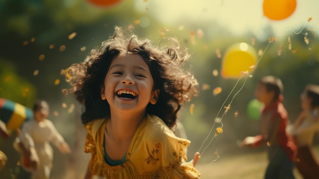 Mała dziewczynka śmieje się i trzyma balony