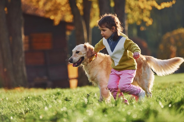Mała dziewczynka spaceruje z psem Golden Retriever w parku w ciągu dnia